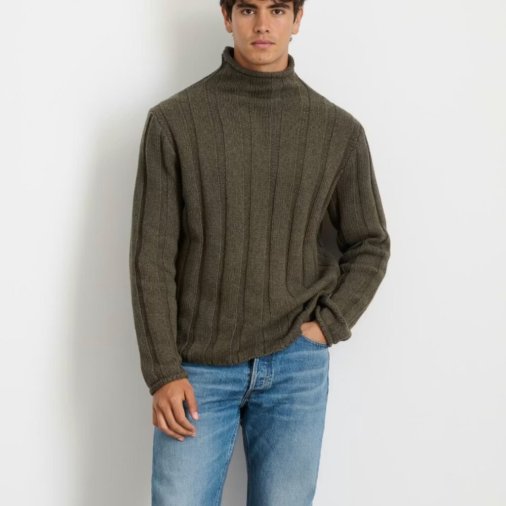 Alex Mill Ribbed Roll Neck Sweater - Heather Olive - L
